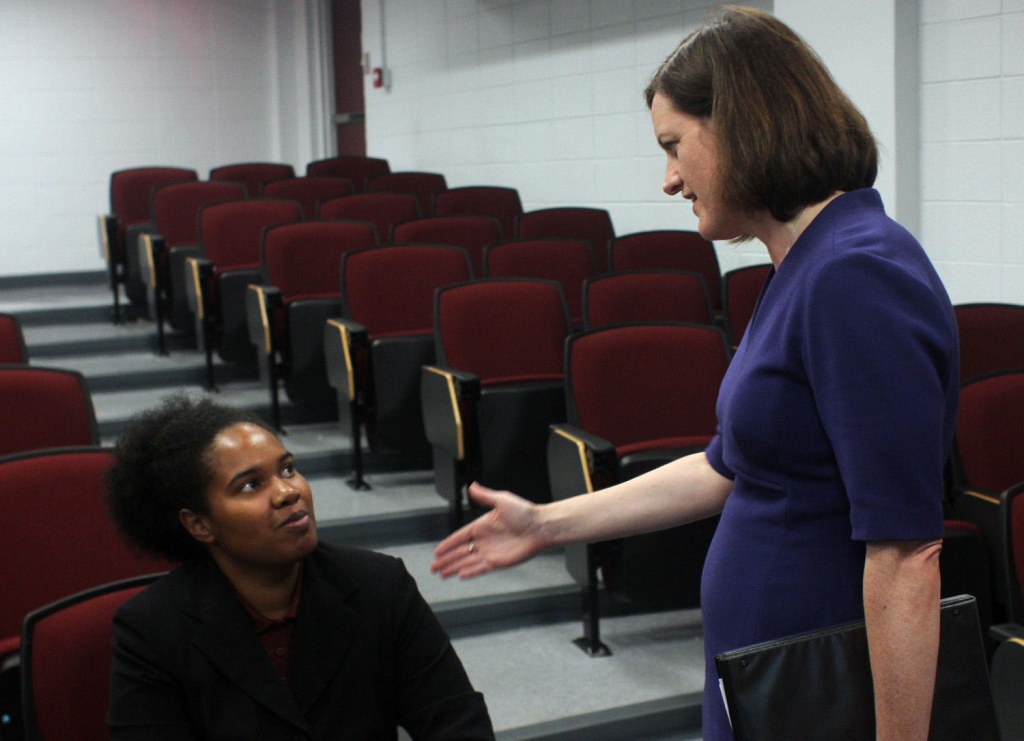 N.C. Treasurer Janet Cowell speaks with NCCU student Erim Akpan after her Sept. 29 presentation on financial literacy in the Hubbard-Totton Auditorium. Photo by Kimane Darden/Echo photo editor.