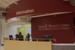 The new front desk and sign for the James E. Shepard Library. Photo By Shakira Warren/ Echo Editor-In-Chief 