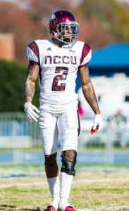 Ryan Smith on the field against the N.C. A&T Bulldogs, November, 2015. Smith halted a Bulldog end-of-game threat by recovering a Bulldog goal line fumble. Photo courtesy of Olen C. Kelley III/NCCU Athletics